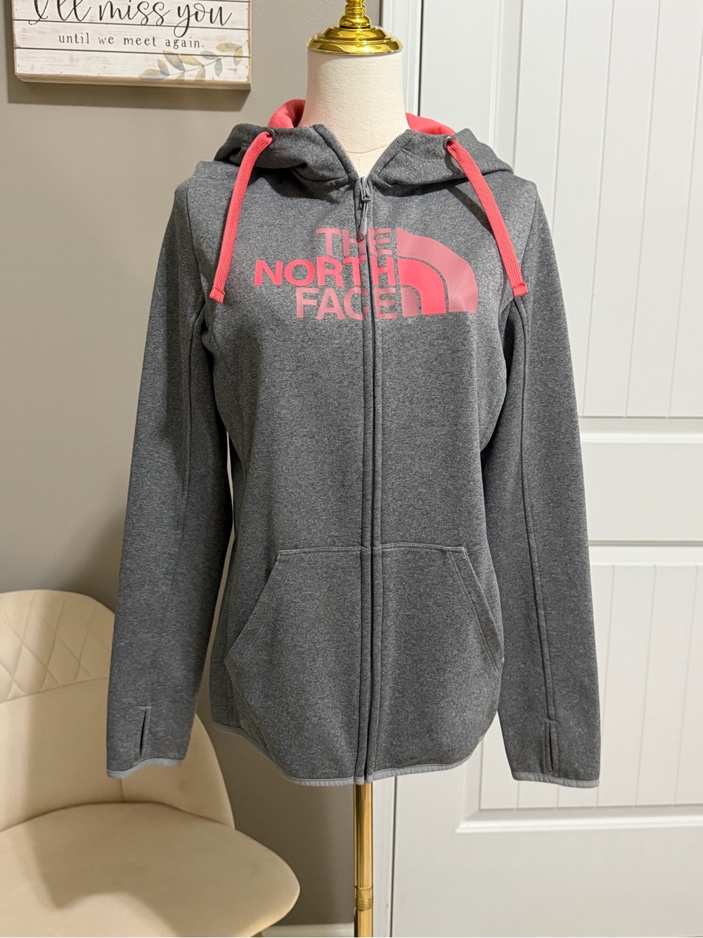 The North Face Charcoal Hoodie with Pink Logo and Drawstrings